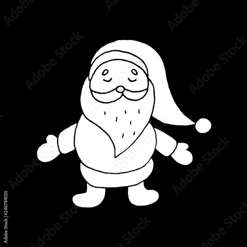 Cute cartoon hand drawn santa claus drawing. Sweet vector black and white santa claus drawing. Isolated monochrome doodle santa claus drawing on black background.