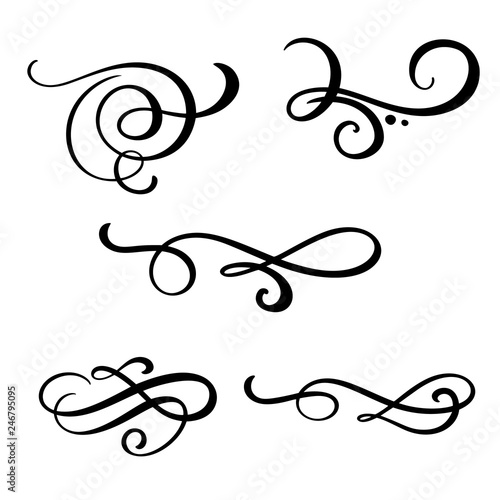 Set of vector vintage line elegant dividers and separators, swirl and corner decorative ornaments. Floral line filigree design elements. Flourish curl elements for invitation or menu page illustration