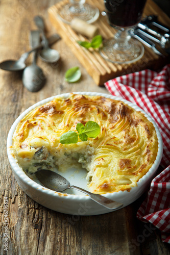 Homemade fish pie with mashed potato