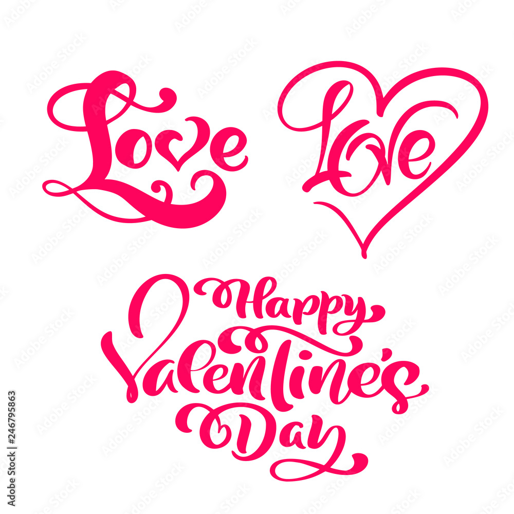 set of red Calligraphy word Love and Happy Valentines Day. Vector  Valentines Day Hand Drawn lettering and Hearts. Holiday Design valentine  card. Love decor for web, wedding and print. Isolated vector de