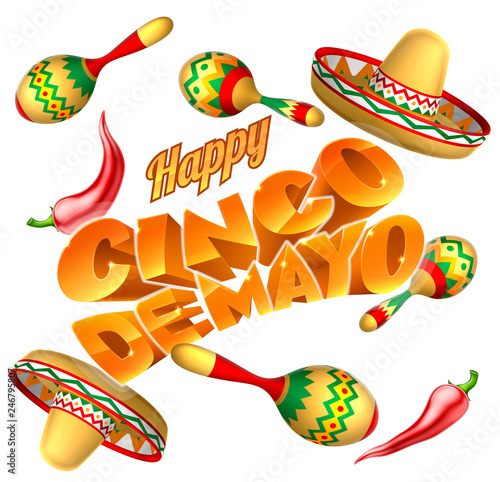 A Cinco de Mayo Mexican holiday party themed background with straw hats maracas and red peppers