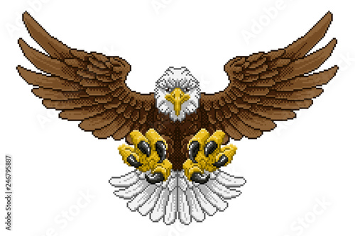 An Eagle 8 bit pixel art video arcade game cartoon character mascot flying with wings spread