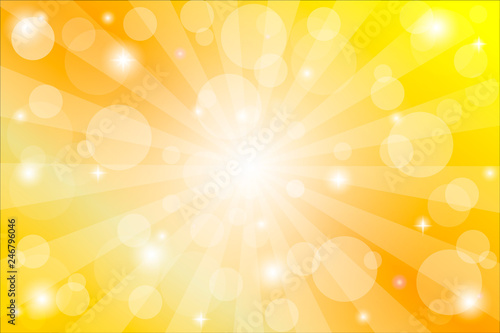 Yellow sunburst background with sparkles and rays, vector illustration