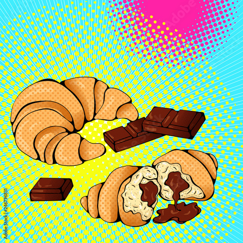 Vector bright colored background in Pop Art style. Illustration with croissant and chocolate. Retro comic style