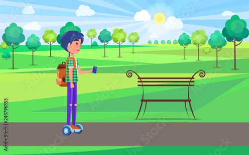 Student teen boy on gyroscooter in park riding hoverboard vector. Person human with vape in hands, wearing backpack. Male using modern technologies