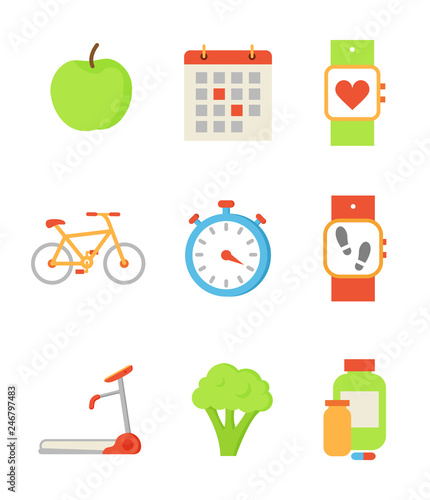 Wristwatch and apple isolated icons set vector. Apple and calendar, bicycle and clock, broccoli vegetable and bcaa vitamin. Treadmill running track