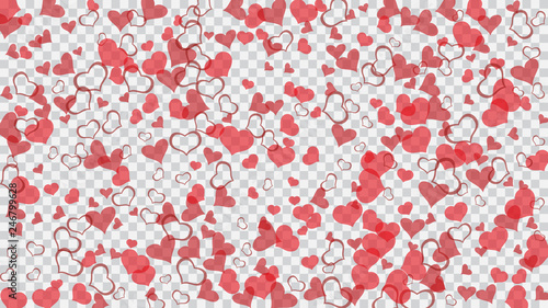 Festive background. Red hearts of confetti are flying. Red on Transparent fond Vector. Part of the design of wallpaper, textiles, packaging, printing, holiday invitation for Valentine's Day.
