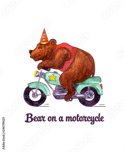 Watercolor illustration fun bear on a motorcycle isolated on white background. Circus, show, performance.