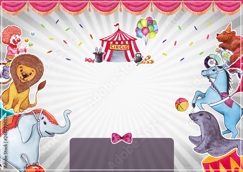 Watercolor illustration with funny animals and artists, templatefor poster, banner, card. Circus, show, performance.