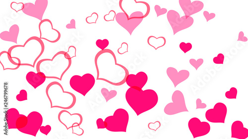 Spring background. Part of the design of wallpaper, textiles, packaging, printing, holiday invitation for wedding. Red hearts of confetti are falling. Red on White fond Vector.