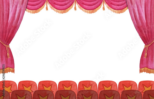 Scene curtain watercolor circus, theater, show, concert illustration hand drawn