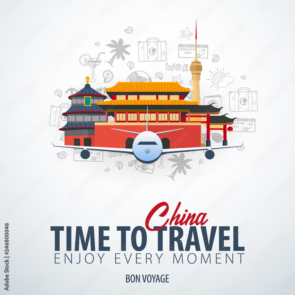 Travel to China. Time to Travel. Banner with airplane and hand-draw doodles on the background. Vector Illustration. Travel to China. Time to Travel. Banner with airplane and hand-draw doodles on the background. Vector Illustration.