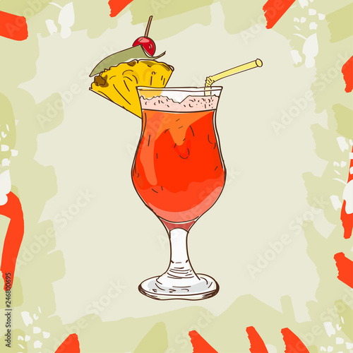 Planter Punch sketch cocktail, of Dark rum, orange and pineapple juice, sugar syrup, Grenadine, Lemon, Angostura Bitter, crushed ice, pineapple, maraschino cherry. Vector hand drawn illustration