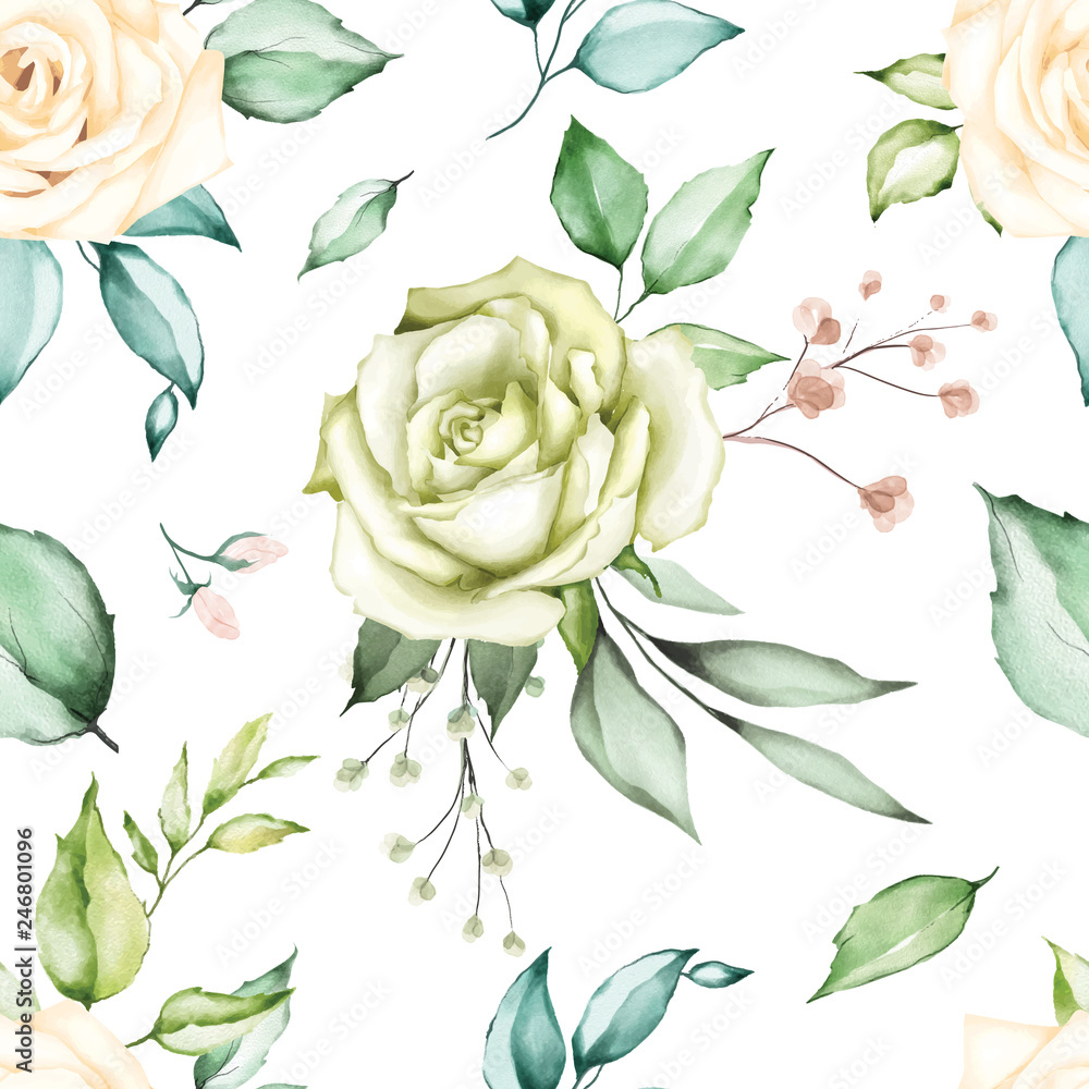 Floral Watercolor and Leaves Seamless Pattern