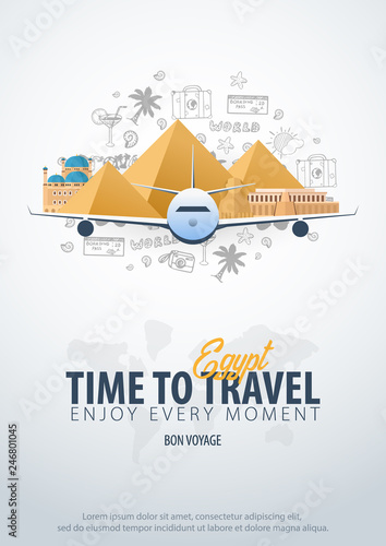 Travel to Egypt. Time to Travel. Banner with airplane and hand-draw doodles on the background. Vector Illustration.