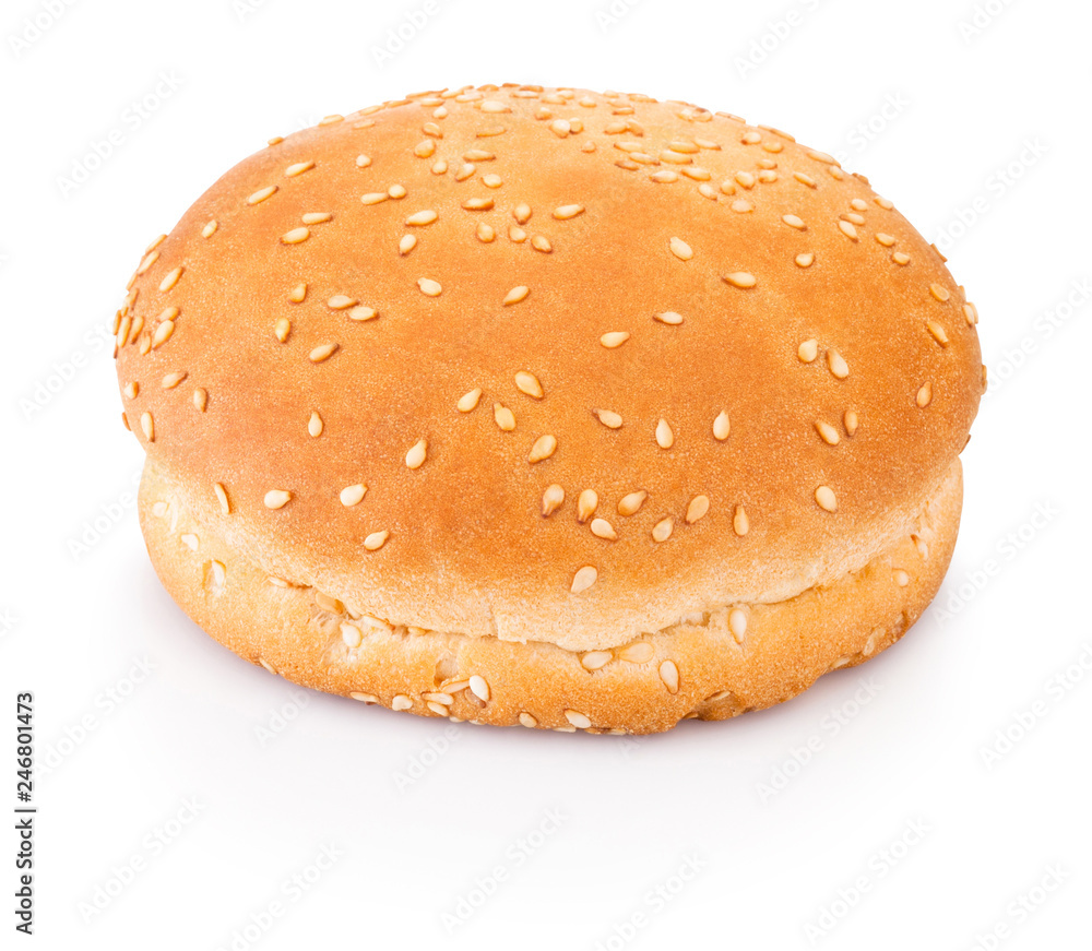 Hamburger bun with sesame seeds isolated on white background Hamburger bun with sesame seeds isolated on white background