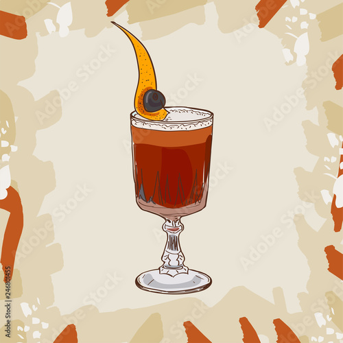 Hand drawn illustration of Contemporary Classics Blood Sand cocktail with orange twist garnish. Sketch vector set