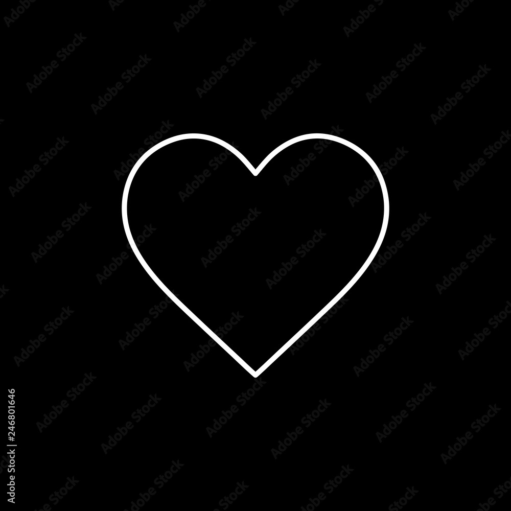 Flat line monochrome heart icon for web sites and apps. Minimal simple black and white heart icon. Isolated vector white heart icon on black background. Flat line monochrome heart icon for web sites and apps. Minimal simple black and white heart icon. Isolated vector white heart icon on black background.