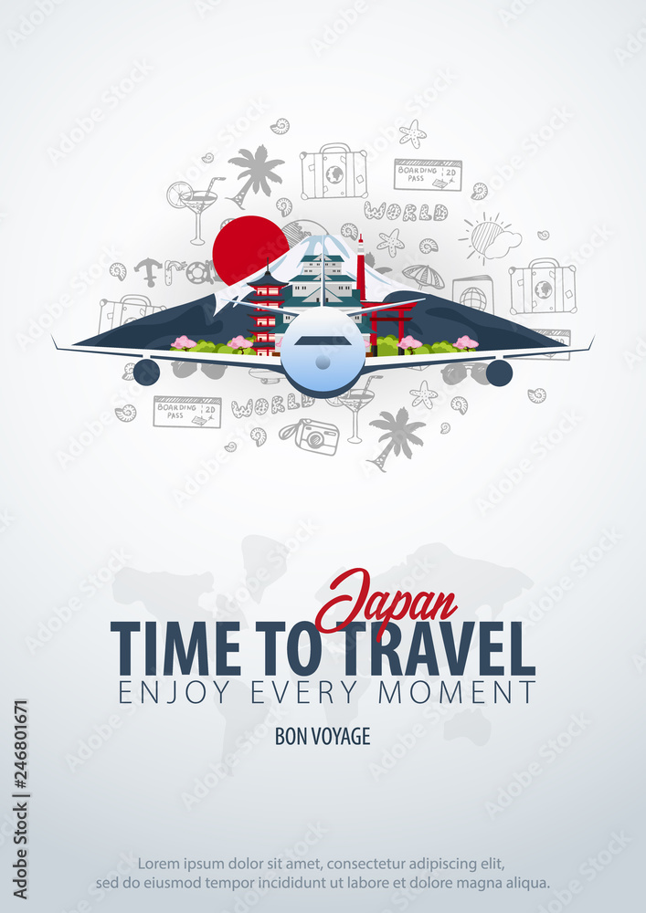 Travel to Japan. Time to Travel. Banner with airplane and hand-draw doodles on the background. Vector Illustration. Travel to Japan. Time to Travel. Banner with airplane and hand-draw doodles on the background. Vector Illustration.
