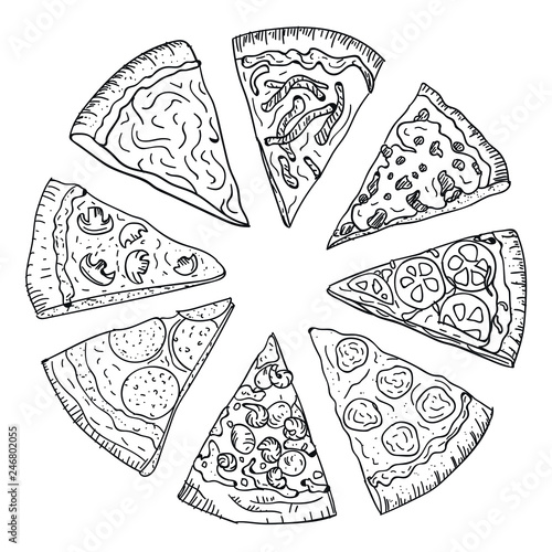 Sliced hot pizza hand drawing in doodle style isolated on white background. Doodle drawing cut pizza in pizzeria top view. Italian cuisine and food concept.