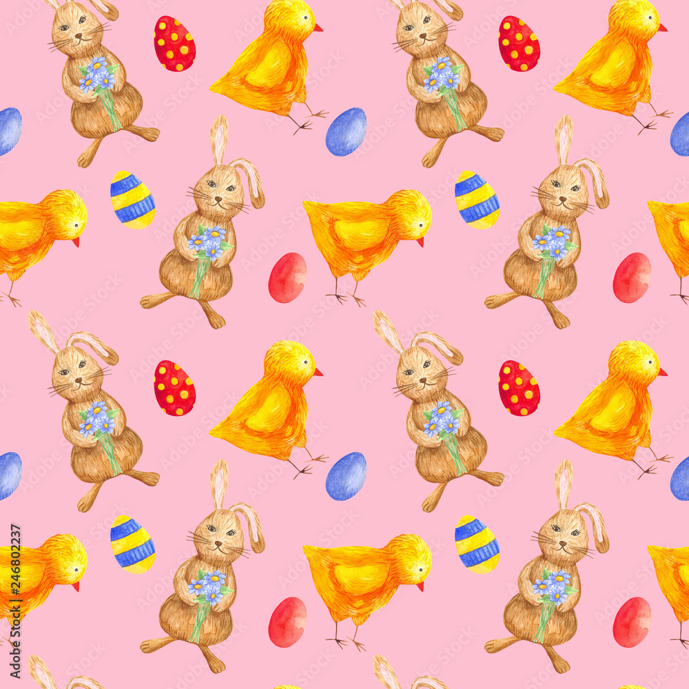 Fototapeta premium seamless watercolor pattern for Easter with different elements: Easter rabbit, chicken, eggs. ideal for fabric, wrapping paper, decor