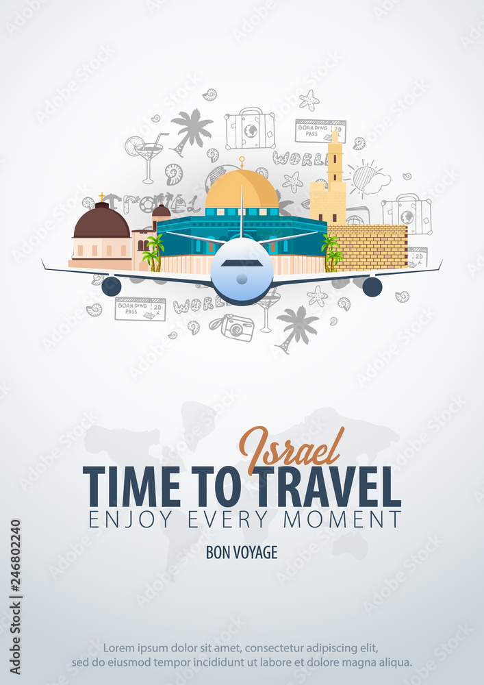 Fototapeta premium Travel to Israel. Time to Travel. Banner with airplane and hand-draw doodles on the background. Vector Illustration.