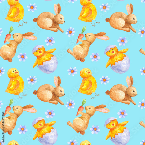 seamless watercolor pattern for Easter with different elements: Easter rabbit, chicken. ideal for fabric, wrapping paper, decor