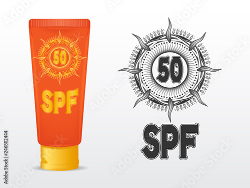 template orange tube with yellow cap. single color pattern sunscreen icon SPF 50. isolated on white background
