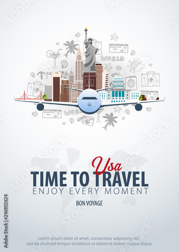 Travel to USA. Time to Travel. Banner with airplane and hand-draw doodles on the background. Vector Illustration.