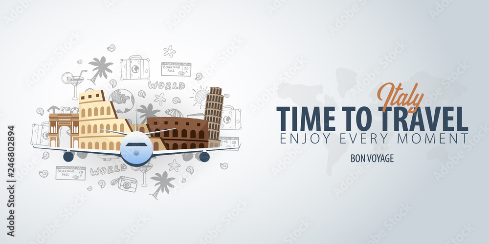 Travel to Italy. Time to Travel. Banner with airplane and hand-draw doodles on the background. Vector Illustration.