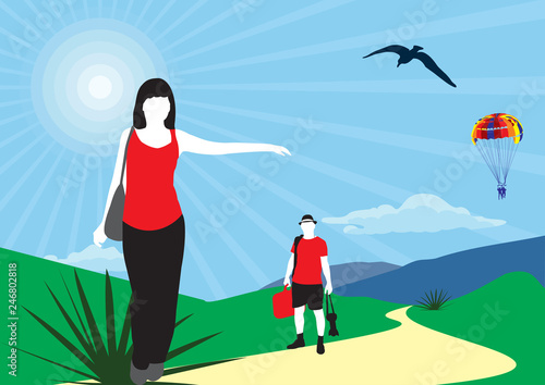girl on the road hitchhiking with her boyfriend. Mountains Seagull balloon and road