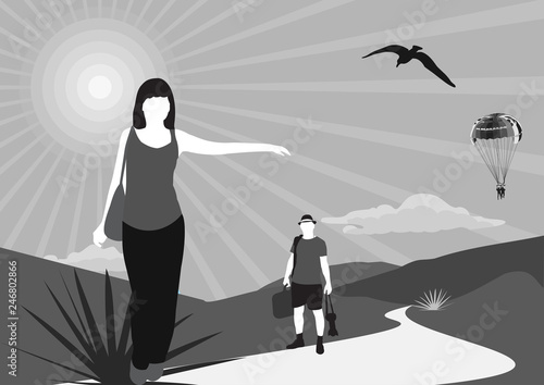 girl on the road hitchhiking with her boyfriend. Mountains Seagull balloon and road