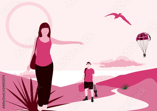girl on the road hitchhiking with her boyfriend. Mountains Seagull balloon and road