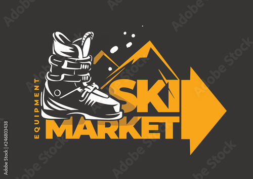 Ski market emblem. Freeride boots. Skiing equipment and accessories