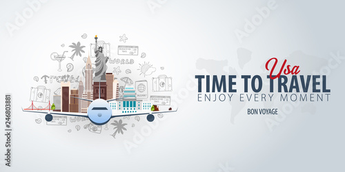 Travel to USA. Time to Travel. Banner with airplane and hand-draw doodles on the background. Vector Illustration.