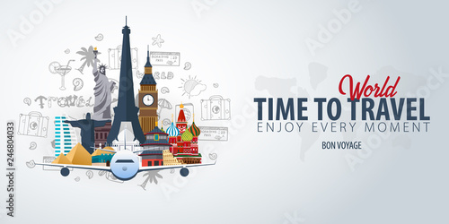Travel Around the World. Time to Travel. Banner with airplane and hand-draw doodles on the background. Vector Illustration.