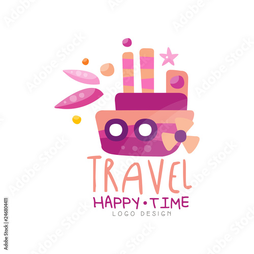 Adventure, happy time logo design, summer vacation, travel, cruise, tourist agency creative label vector Illustration
