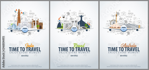 Travel to India, Brazil and Australia. Time to Travel. Banner with airplane and hand-draw doodles on the background. Vector Illustration. photo