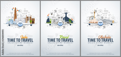 Travel to India, Brazil and Australia. Time to Travel. Banner with airplane and hand-draw doodles on the background. Vector Illustration.