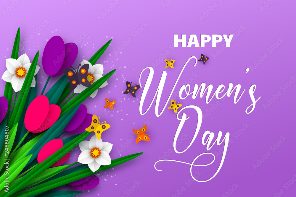 8 March greeting card for International Womens Day. 3d paper cut bouquet of spring flowers tulip and narcissus with butterfly, purple background. Vector illustration. 8 March greeting card for International Womens Day. 3d paper cut bouquet of spring flowers tulip and narcissus with butterfly, purple background. Vector illustration.