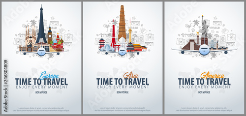 Travel to Europe, Asia and America. Time to Travel. Banner with airplane and hand-draw doodles on the background. Vector Illustration.