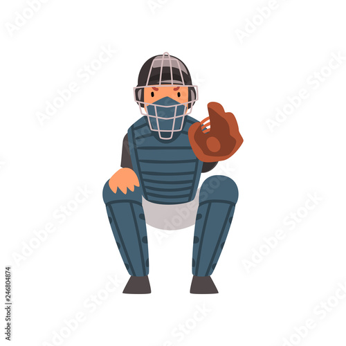 Catcher Waiting for Ball, Baseball Player Character in Uniform and Helmet Vector Illustration