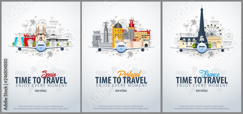 Travel to Spain, Portugal and France. Time to Travel. Banner with airplane and hand-draw doodles on the background. Vector Illustration.