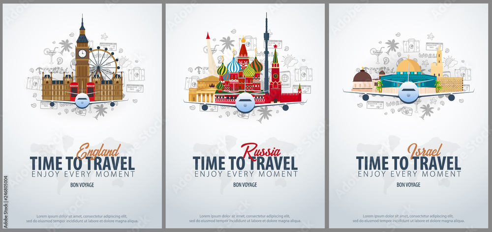 Travel to England, Russia and Israel. Time to Travel. Banner with airplane and hand-draw doodles on the background. Vector Illustration.