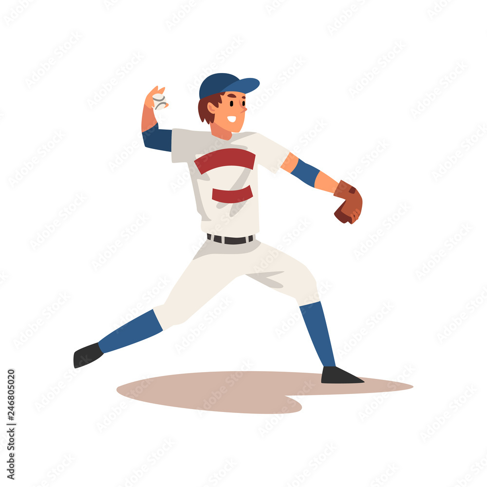 Smiling Baseball Player Throwing Ball, Softball Athlete Character in Uniform, Side View Vector Illustration