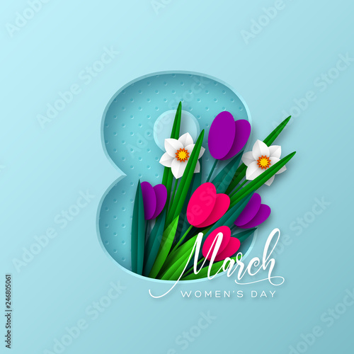 8 March greeting card for International Womens Day. 3d paper cut number 8 with bouquet of spring flowers tulip and narcissus, turquoise background. Vector illustration.