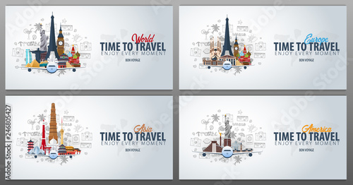 Travel to Europe, Asia and America. Time to Travel. Banner with airplane and hand-draw doodles on the background. Vector Illustration.