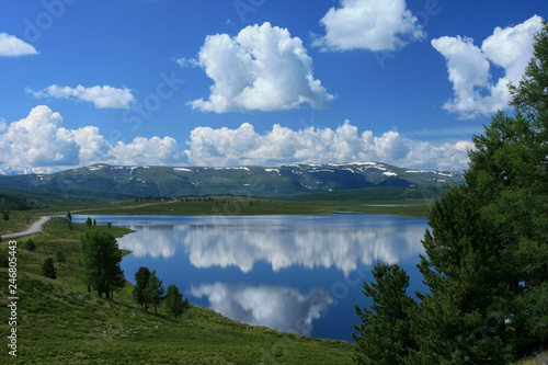 Fototapeta Naklejka Na Ścianę i Meble -  Beautiful sunny day overlooking the lake in the Altai Republic in Russia. White clouds in the blue sky reflected in the water and green trees