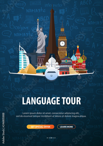 Language trip, tour, travel. Learning Languages. Vector illustration with hand-draw doodle elements on the background.