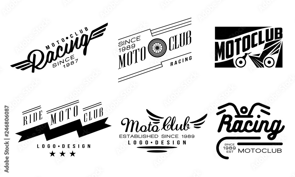 Vector set of 6 vintage logos for moto club. Original monochrome badges  with wings and wheels Stock Vector | Adobe Stock